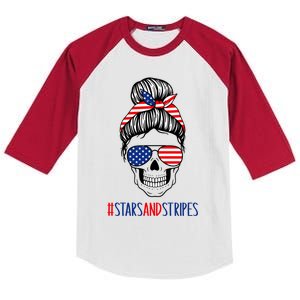 Stars And Stripes Fourth Of July Skull Meaningful Gift Kids Colorblock Raglan Jersey