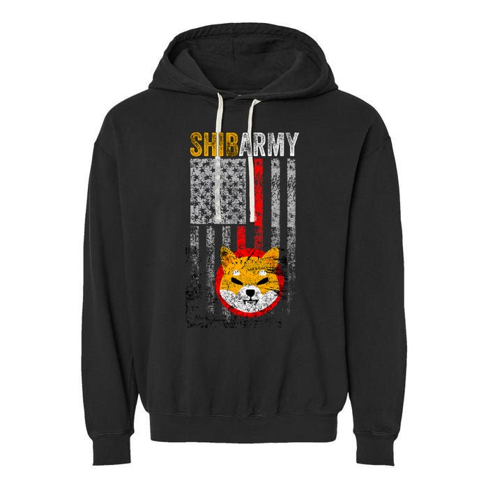 Shiba Army, Shiba Inu Coin With American Flag Garment-Dyed Fleece Hoodie