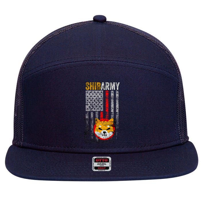 Shiba Army, Shiba Inu Coin With American Flag 7 Panel Mesh Trucker Snapback Hat