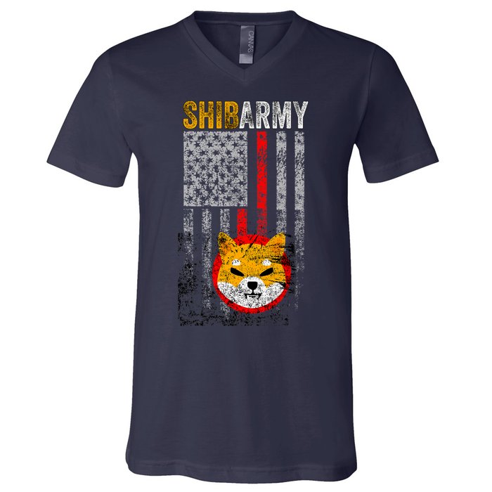 Shiba Army, Shiba Inu Coin With American Flag V-Neck T-Shirt