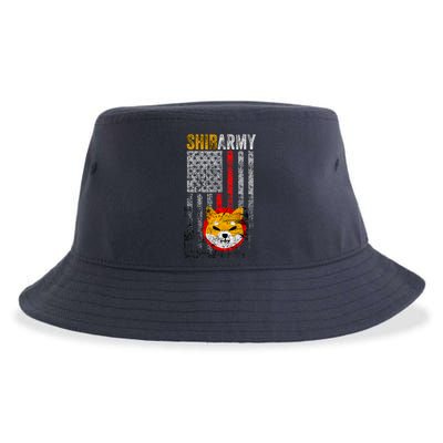 Shiba Army, Shiba Inu Coin With American Flag Sustainable Bucket Hat