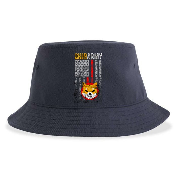 Shiba Army, Shiba Inu Coin With American Flag Sustainable Bucket Hat