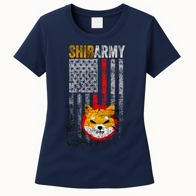 Shiba Army, Shiba Inu Coin With American Flag Womens T-Shirt