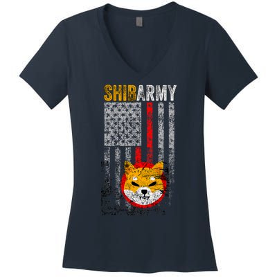 Shiba Army, Shiba Inu Coin With American Flag Women's V-Neck T-Shirt