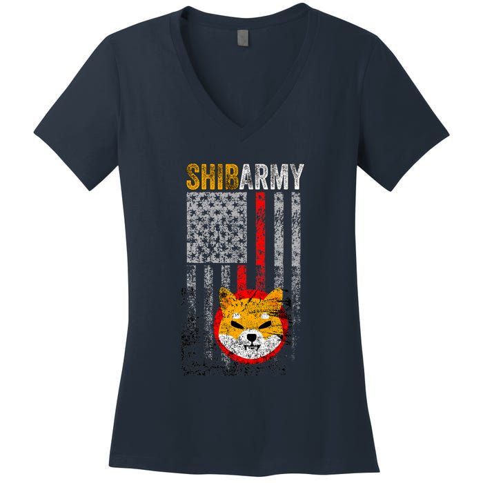 Shiba Army, Shiba Inu Coin With American Flag Women's V-Neck T-Shirt