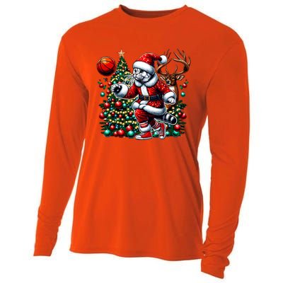 Santa American Shorthair Cat Play Basketball Christmas Funny Meaningful Gift Cooling Performance Long Sleeve Crew