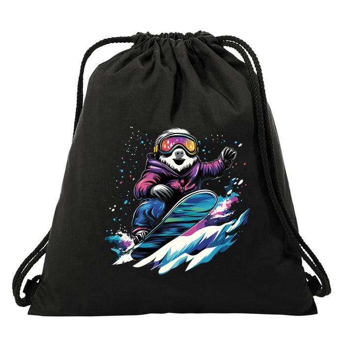 Snowboarding Animals Sloth On A Snowboard Snowboarding Drawstring Bag