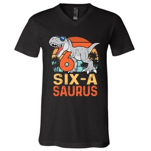 Six A Saurus Rex 6th Birthday Dinosaur 6 Year Old Boy V-Neck T-Shirt