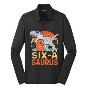 Six A Saurus Rex 6th Birthday Dinosaur 6 Year Old Boy Silk Touch Performance Long Sleeve Polo