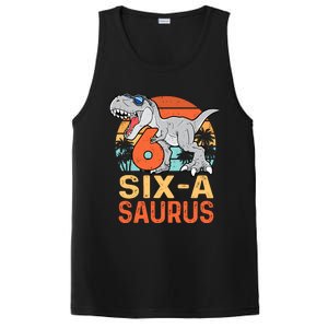 Six A Saurus Rex 6th Birthday Dinosaur 6 Year Old Boy PosiCharge Competitor Tank