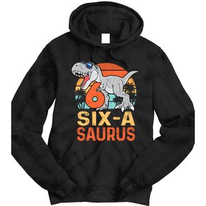 Six A Saurus Rex 6th Birthday Dinosaur 6 Year Old Boy Tie Dye Hoodie