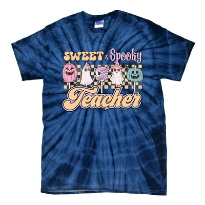 Sweet And Spooky Pink Retro Groovy Halloween Teacher Tie-Dye T-Shirt