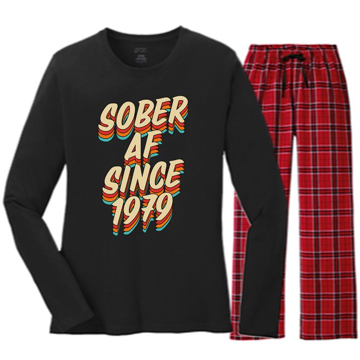 Sober Af Since 1979 Funny Sobriety Anniversary Party Supply Women's Long Sleeve Flannel Pajama Set 