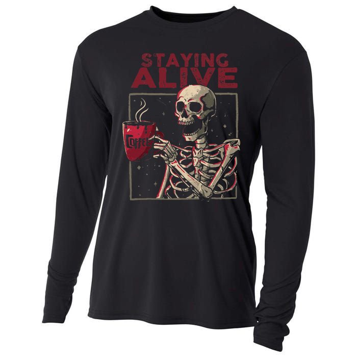 Staying Alive Skeleton Drink Coffee Funny Skull Halloween Cooling Performance Long Sleeve Crew