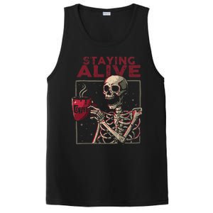 Staying Alive Skeleton Drink Coffee Funny Skull Halloween PosiCharge Competitor Tank