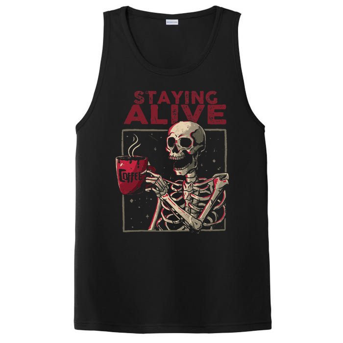 Staying Alive Skeleton Drink Coffee Funny Skull Halloween PosiCharge Competitor Tank