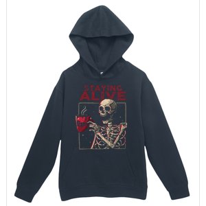 Staying Alive Skeleton Drink Coffee Funny Skull Halloween Urban Pullover Hoodie