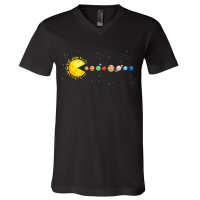 Space Astronomer Science Astronaut Sun Eat Planet Video Game V-Neck T-Shirt
