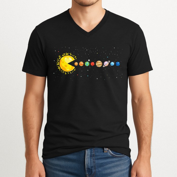 Space Astronomer Science Astronaut Sun Eat Planet Video Game V-Neck T-Shirt