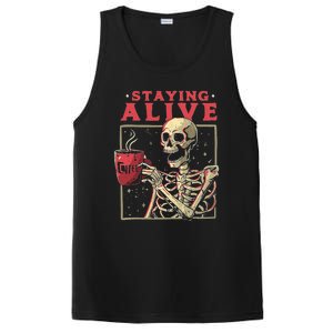 Staying Alive Skeleton Drink Coffee Funny Skeleton Skull PosiCharge Competitor Tank