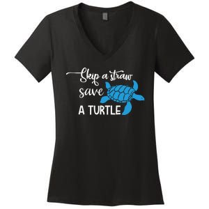 Skip A Straw Save A Turtle Women's V-Neck T-Shirt