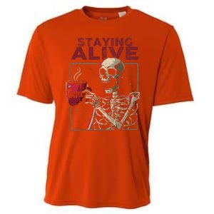 Staying Alive Skeleton Drink Coffee Funny Skull Halloween Cooling Performance Crew T-Shirt