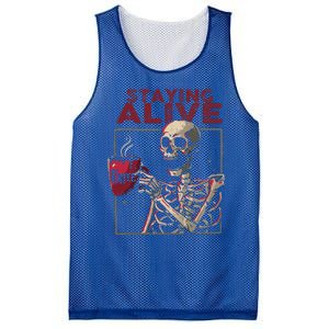 Staying Alive Skeleton Drink Coffee Funny Skull Halloween Mesh Reversible Basketball Jersey Tank