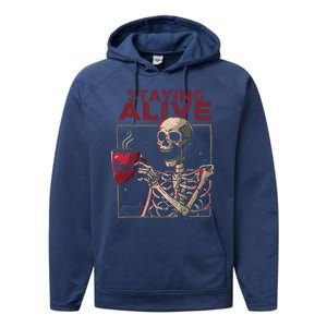 Staying Alive Skeleton Drink Coffee Funny Skull Halloween Performance Fleece Hoodie