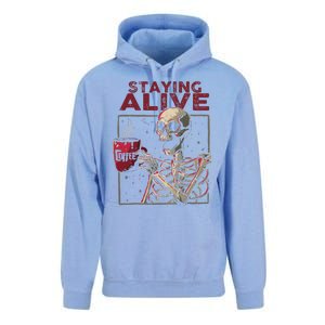 Staying Alive Skeleton Drink Coffee Funny Skull Halloween Unisex Surf Hoodie