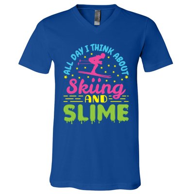 Skiing And Slime Skier Ski Lover Slime Party Meaningful Gift V-Neck T-Shirt