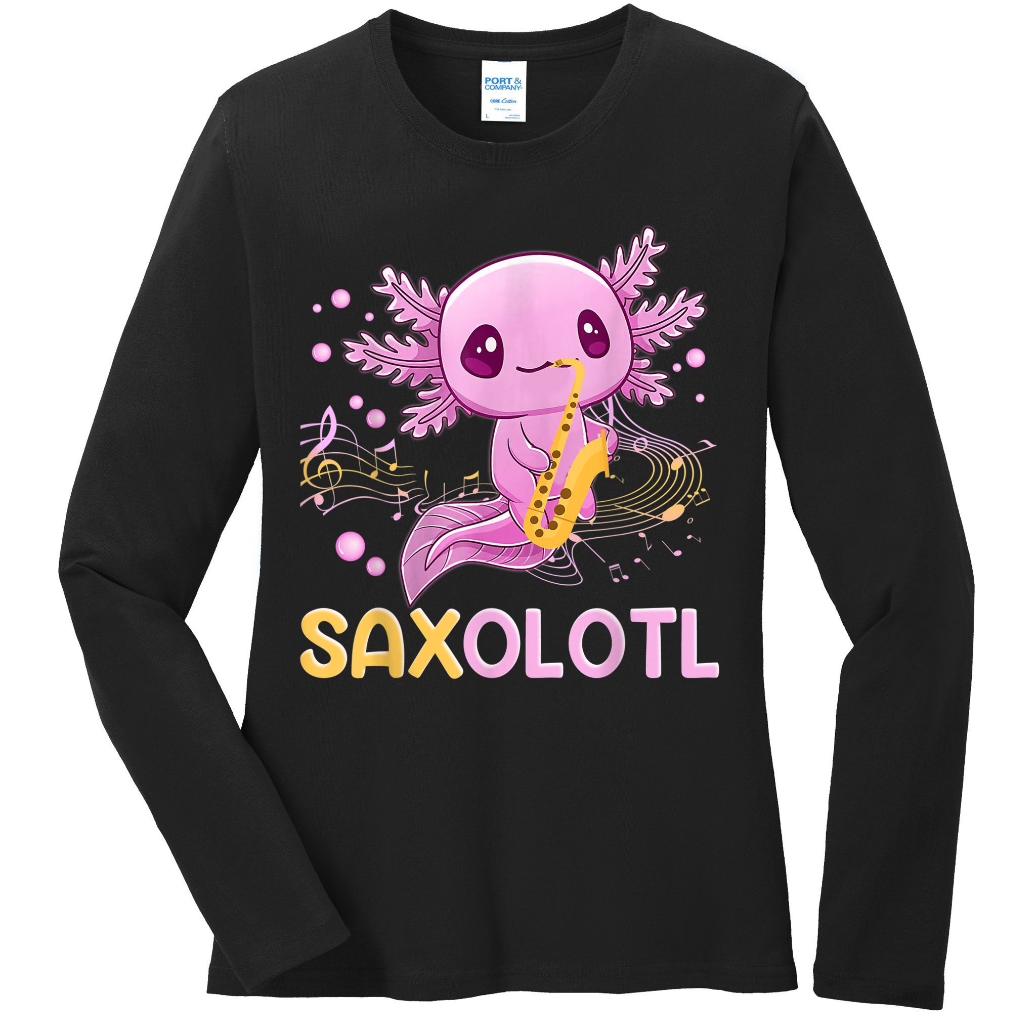 Saxolotl Adorable Saxophone Playing Funny Axolotl Gift Girls Ladies Long Sleeve Shirt