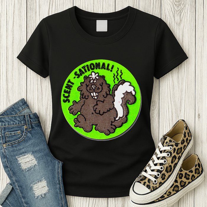Scratch And Sniff Sticker Skunk Scentsational Womens T-Shirt