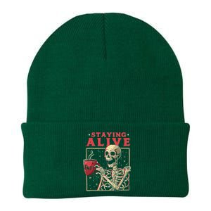 Staying Alive Skeleton Drink Coffee Funny Skeleton Skull Knit Cap Winter Beanie