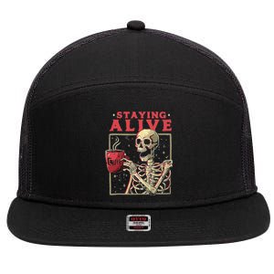 Staying Alive Skeleton Drink Coffee Funny Skeleton Skull 7 Panel Mesh Trucker Snapback Hat