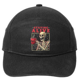 Staying Alive Skeleton Drink Coffee Funny Skeleton Skull 7-Panel Snapback Hat