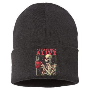 Staying Alive Skeleton Drink Coffee Funny Skeleton Skull Sustainable Knit Beanie