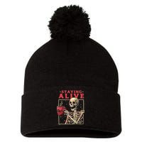 Staying Alive Skeleton Drink Coffee Funny Skeleton Skull Pom Pom 12in Knit Beanie