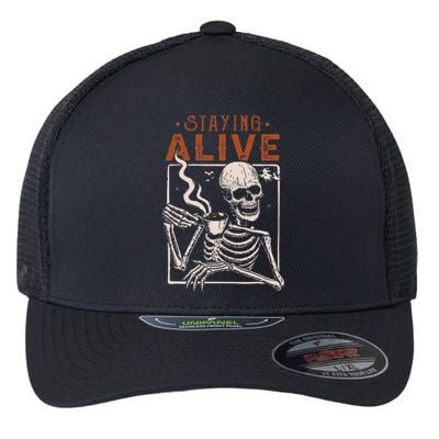 Staying Alive Skeleton Drink Coffee Funny Flexfit Unipanel Trucker Cap