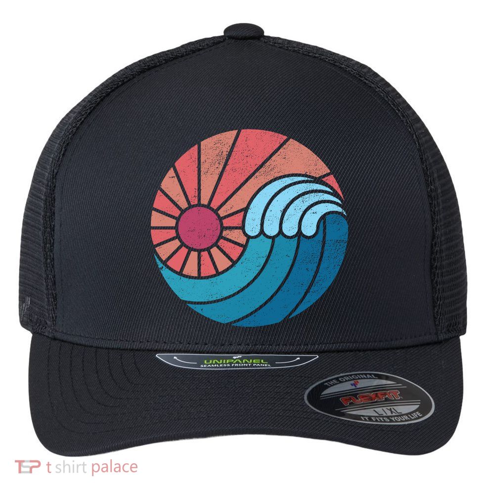 Sun And Sea Retro Vintage Wave Flexfit Unipanel Trucker Cap