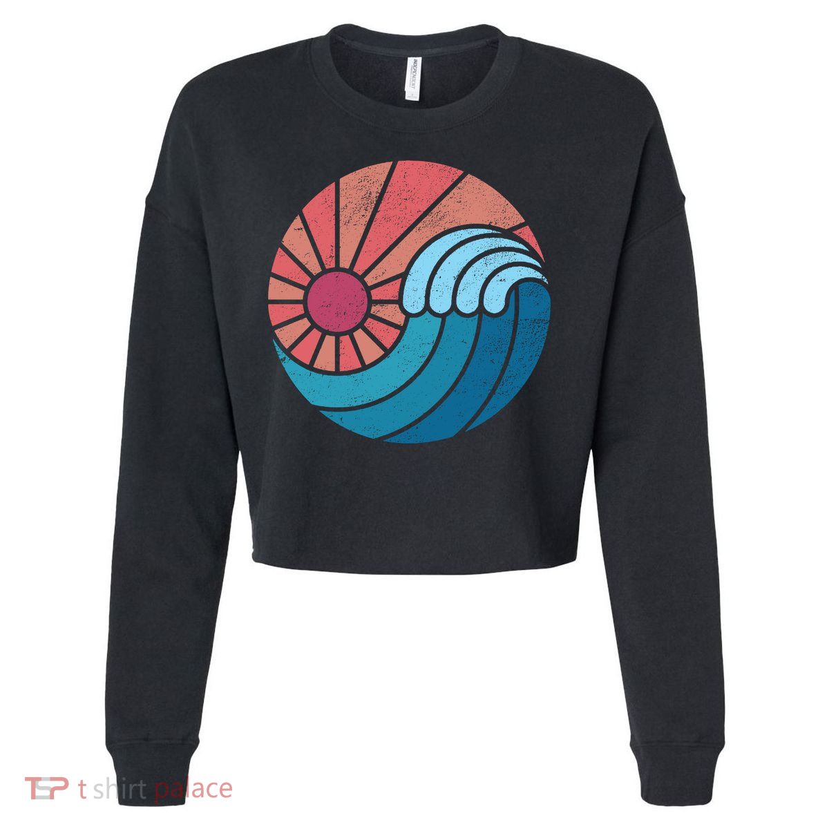 Sun And Sea Retro Vintage Wave Cropped Pullover Crew
