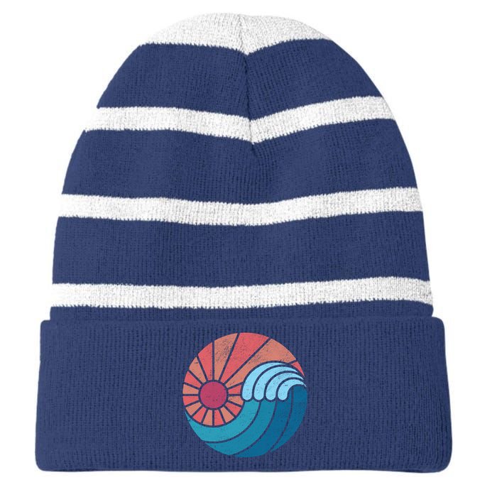 Sun And Sea Retro Vintage Wave Striped Beanie with Solid Band