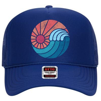 Sun And Sea Retro Vintage Wave High Crown Mesh Back Trucker Hat