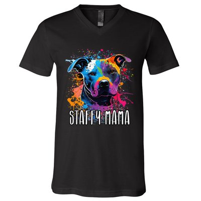 Splash Art Staffordshire Bull Terrier Staffy Mama V-Neck T-Shirt