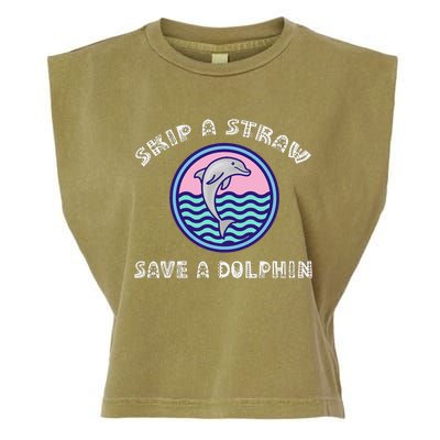 Skip A Straw Save A Dolphin Anti Plastic Pollution Garment-Dyed Women's Muscle Tee