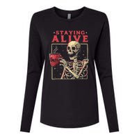 Staying Alive Skeleton Drink Coffee Funny Skeleton Skull Womens Cotton Relaxed Long Sleeve T-Shirt