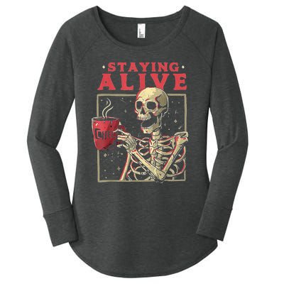 Staying Alive Skeleton Drink Coffee Funny Skeleton Skull Women's Perfect Tri Tunic Long Sleeve Shirt