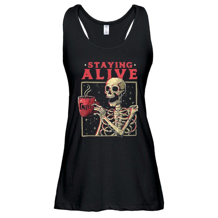 Staying Alive Skeleton Drink Coffee Funny Skeleton Skull Ladies Essential Flowy Tank