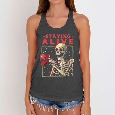 Staying Alive Skeleton Drink Coffee Funny Skeleton Skull Women's Knotted Racerback Tank