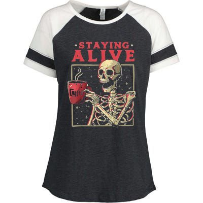 Staying Alive Skeleton Drink Coffee Funny Skeleton Skull Enza Ladies Jersey Colorblock Tee