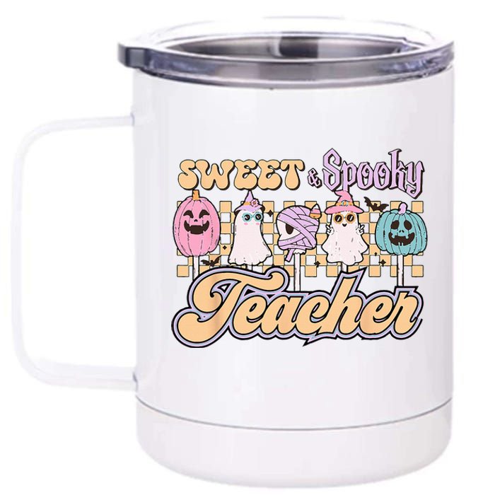 Sweet And Spooky Pink Retro Groovy Halloween Teacher 12 oz Stainless Steel Tumbler Cup